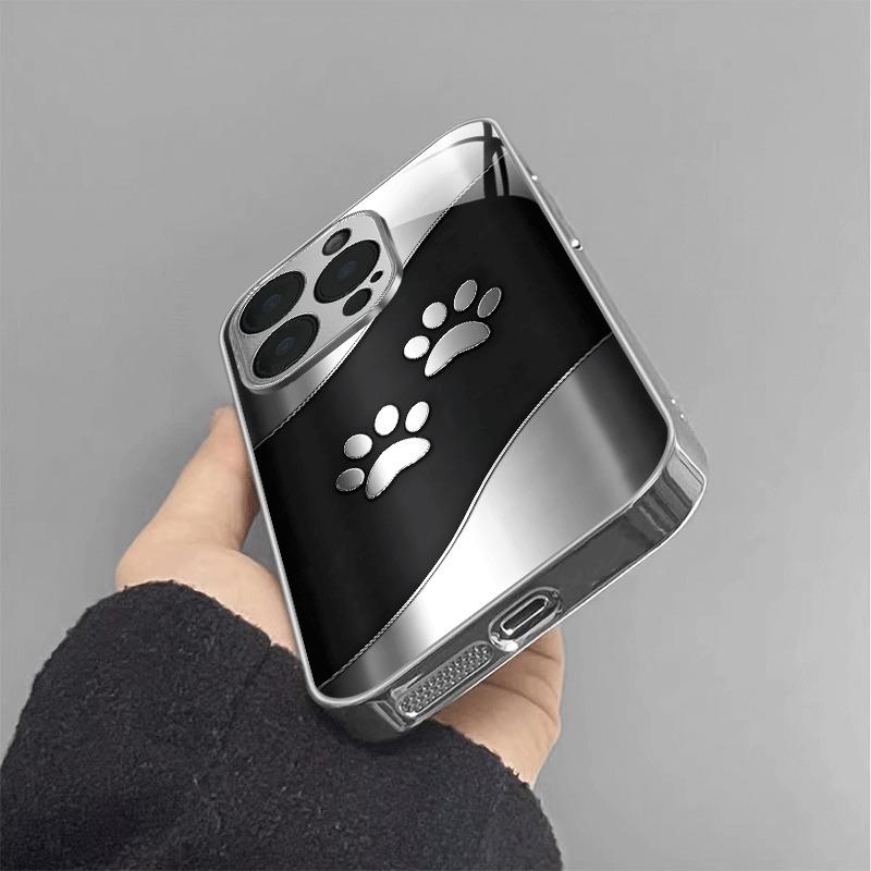 Black Silver Cute Paw Print Curve Pattern Tempered Glass Phone Case For iPhone 17 16 15 14 13 12 11 Pro Max 16 Plus 17 Air Cover