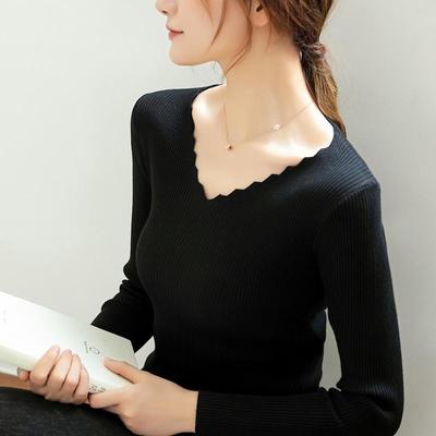 Herbst Winter Laciness V-Ausschnitt Slim Fit Pullover Damen Base Knit Langarm All Match Pullover Top