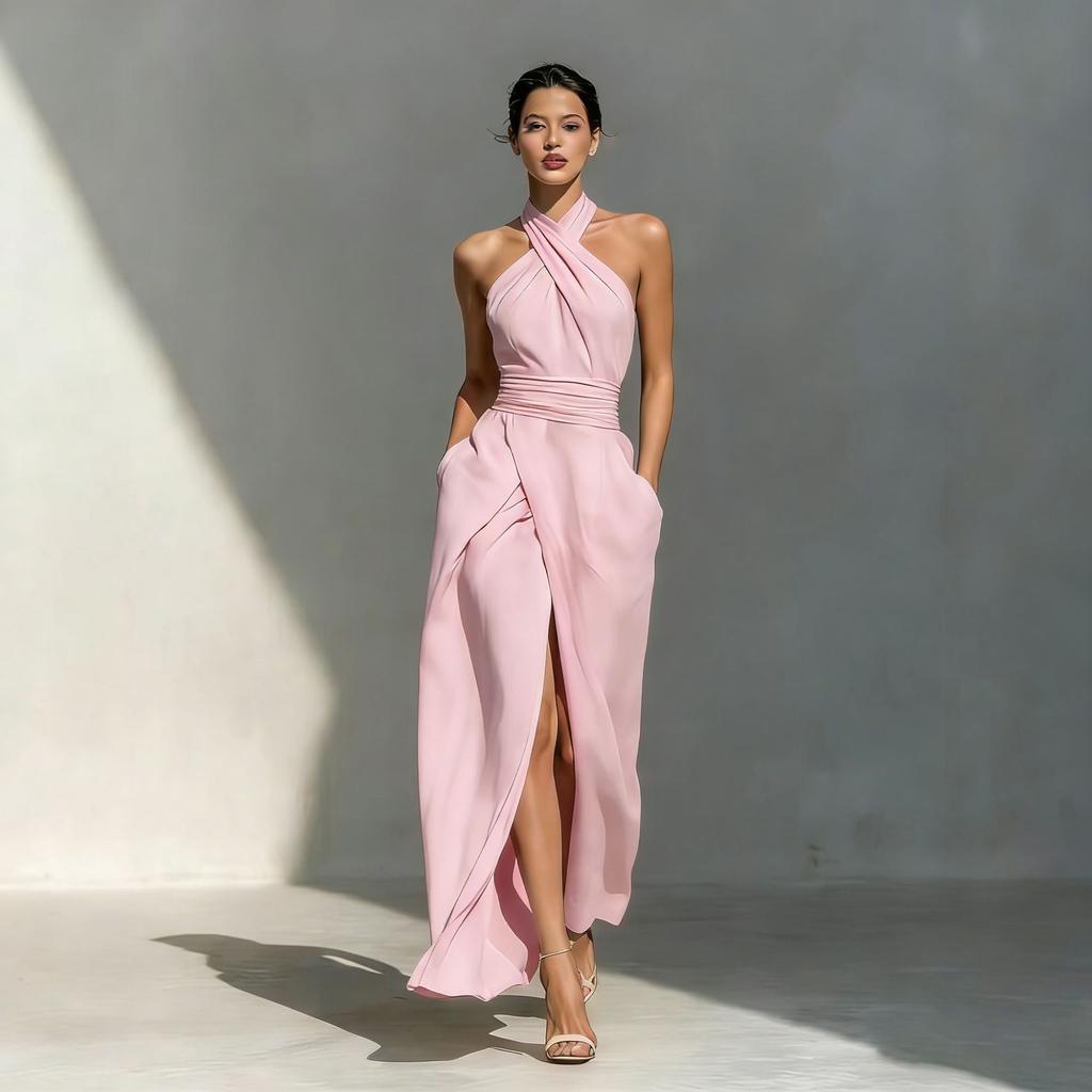 Damen Neckholder Ärmelloses Midi-Kleid Figurbetont Hoher Bund Elegant Einfarbig Schlitz Wickelkleid