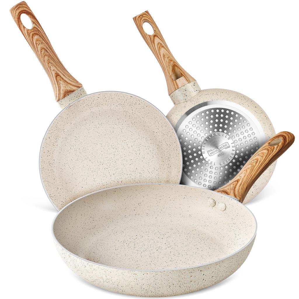 MICHELANGELO 3pcs Nonstick Cookware Sets White Granite Induction Cookware 8/9.5/11 Inch Frying Pan  Non-toxic Healthy Pan