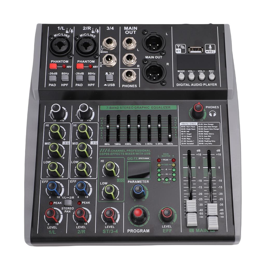 4 Channel Sound Mixer Stereo Bluetooth Mixing Console for Live Recording Karaoke 99 Bit Digital Signal Processor 7 Band