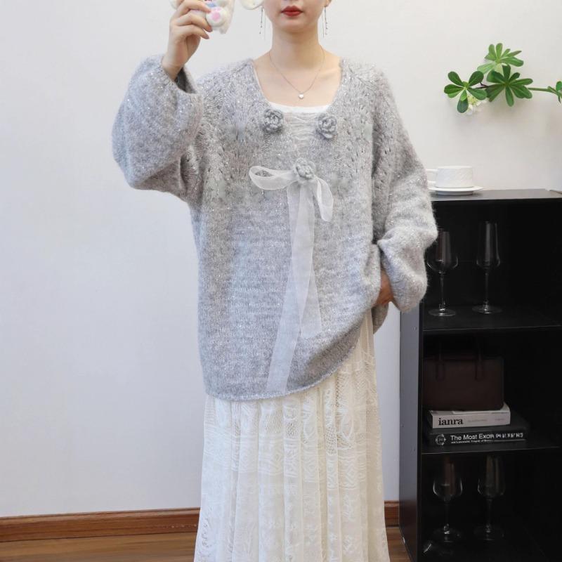 Autumn and winter new medium and long three-dimensional flower bow sweet knitted sweater top loose sweater pullover woman