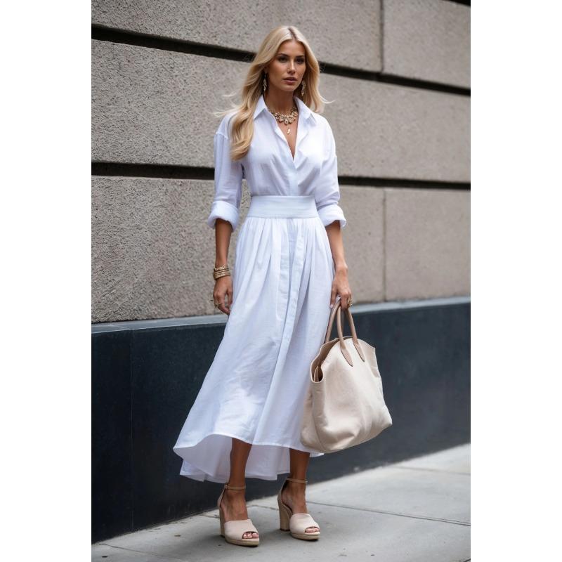 Damenmode Frühling Herbst Einfarbig Druck Langarm Polokragen Hohe Taille Freizeitkleider