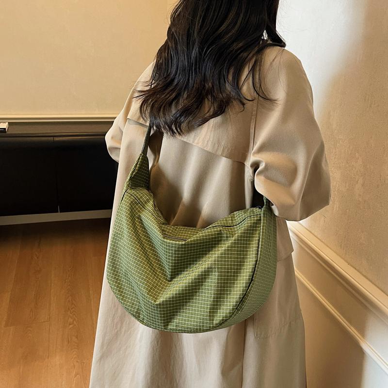 Large Capacity Plaid Canvas Bag Women's Lightweight Handbag Shoulder Crossbody Dumpling Bag