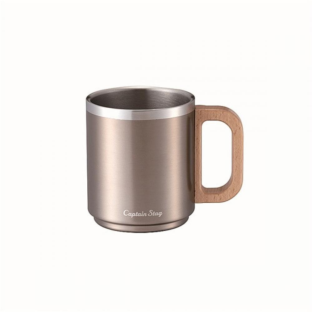 Captain Stag Outdoor Double Stainless Mug Cup 330ml Wood Handle Light Beige