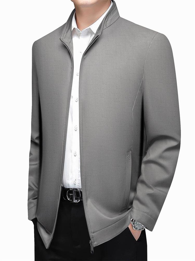 2026 Spring Men's Solid Color Stand Collar Zipper Jacket - Long Sleeve Business Casual Coat for Dad Trend.
