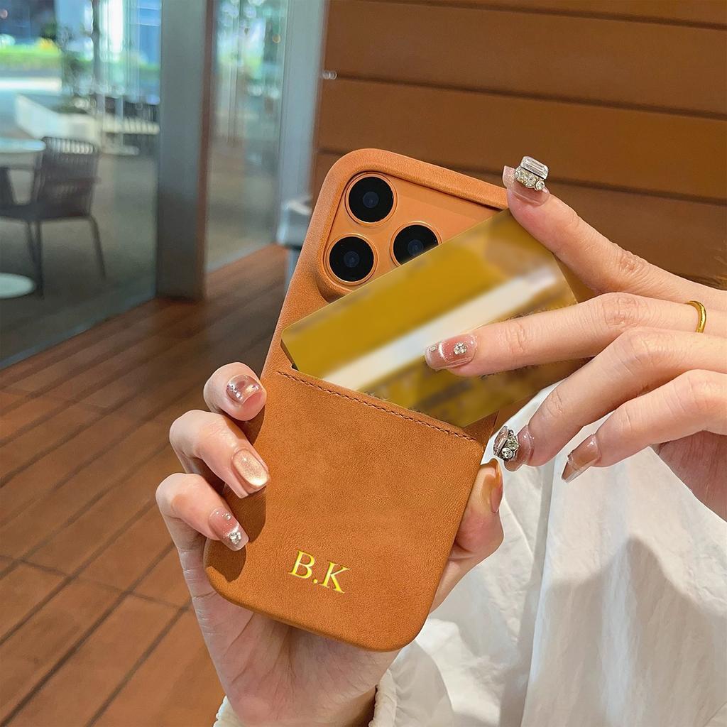 Personalized Vintage Faux Leather Insertable Card Case for iPhone 17 16 15 14 13 Pro Max Air Custom Name Hot Gold Foil Stamping