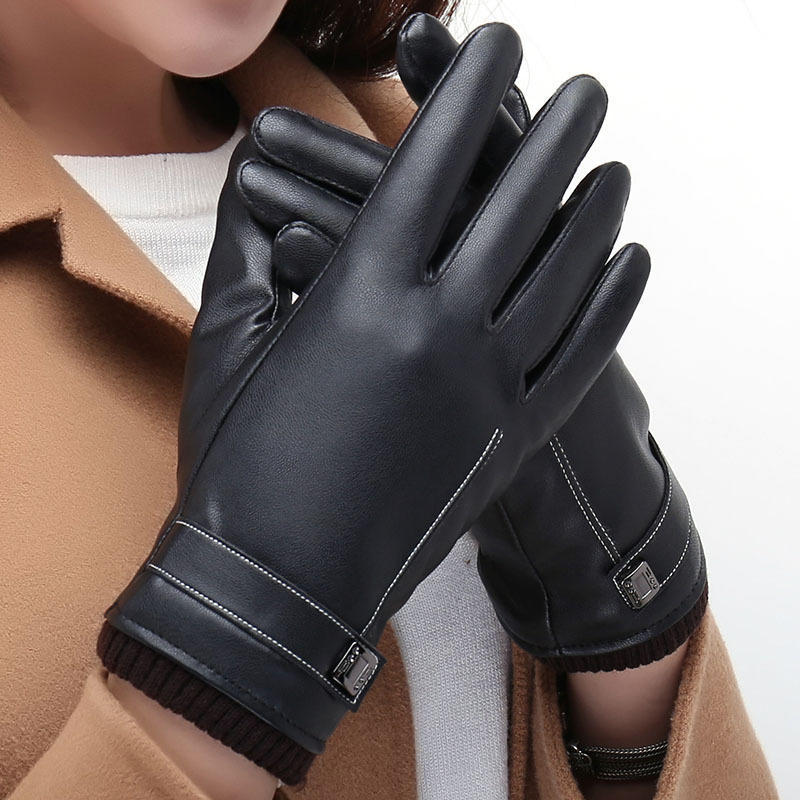 Touch Screen Couple Gloves for Men's Winter PU Driving and Cycling Cycling Waterproof Plus Velvet Ladies' Water Washed Leather Gloves for Winter