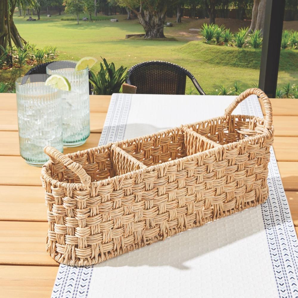 Beige Oval Rattan Utensil Caddy Metal Frame Divided Basket Kitchen Dining Outdoor Storage Condiment Holder Home Organization
