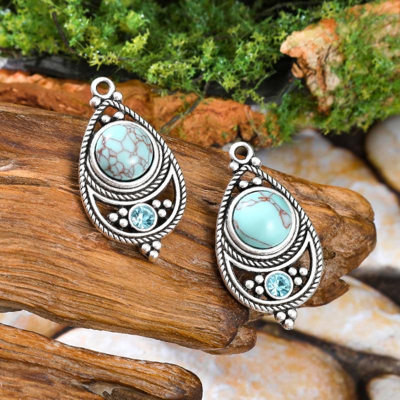 2Pcs Vintage Ethnic Bohemia Stone Setting Pendants For Women Earrings Necklaces Charms For Diy Making Jewelry Accessories