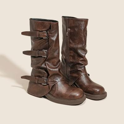 Medium Length Martin Boots Women's Small Pile Boots Women's Summer Brown Boots Thick-soled Wasteland West Cowboy Boots