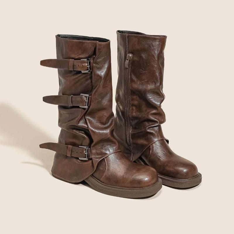 Medium Length Martin Boots Women's Small Pile Boots Women's Summer Brown Boots Thick-soled Wasteland West Cowboy Boots