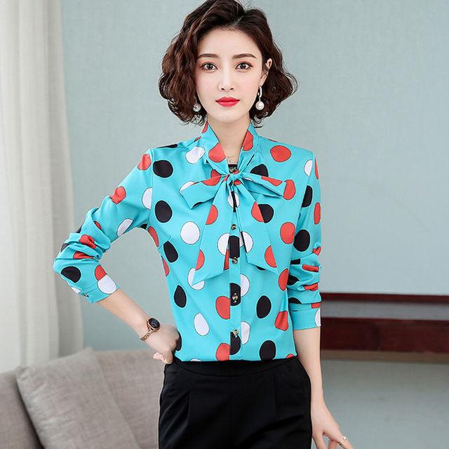 Bow Tie Tied Long Sleeved Top Korean Version Chiffon Shirt Women's Spring Autumn New Polka Dot Bottoming Blouse S-5XL