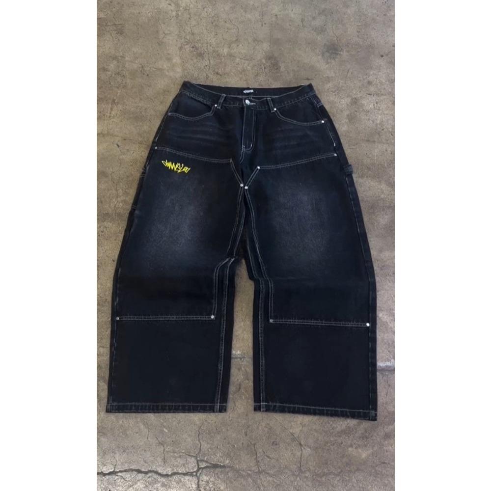 Fun Street Fashion Brand Wide Leg Jeans Y2K Hip-hop Retro Simple Print Loose Gothic Harajuku Horn Pants Ripped Jeans