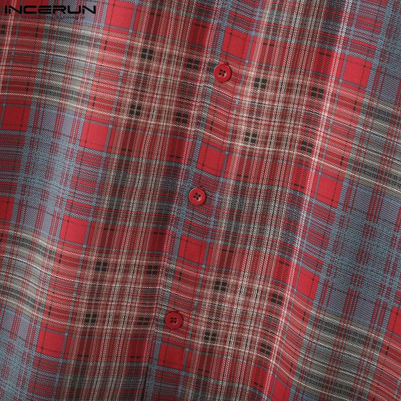 INCERUN Oversized Men Lapel Neck Short Sleeve Plaid Print Shirts Tops