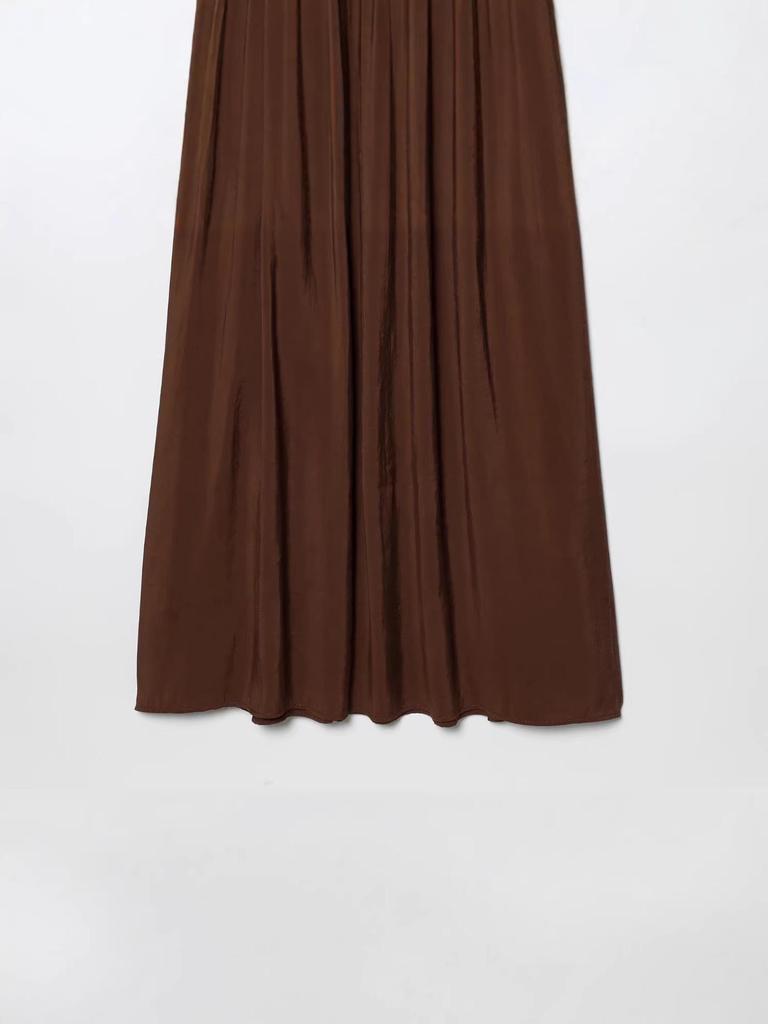 2026 Hot-Selling Retro Coffee Pleated Sleeveless Women's Long Dress with Waist-Cinched Big Hem