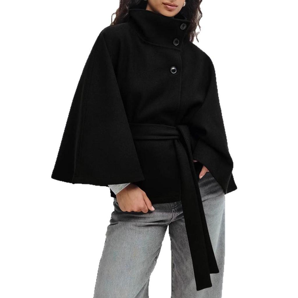 Women's European & American Autumn/Winter Solid Cloak Trench Coat with Stand-up Collar and Waist Belt