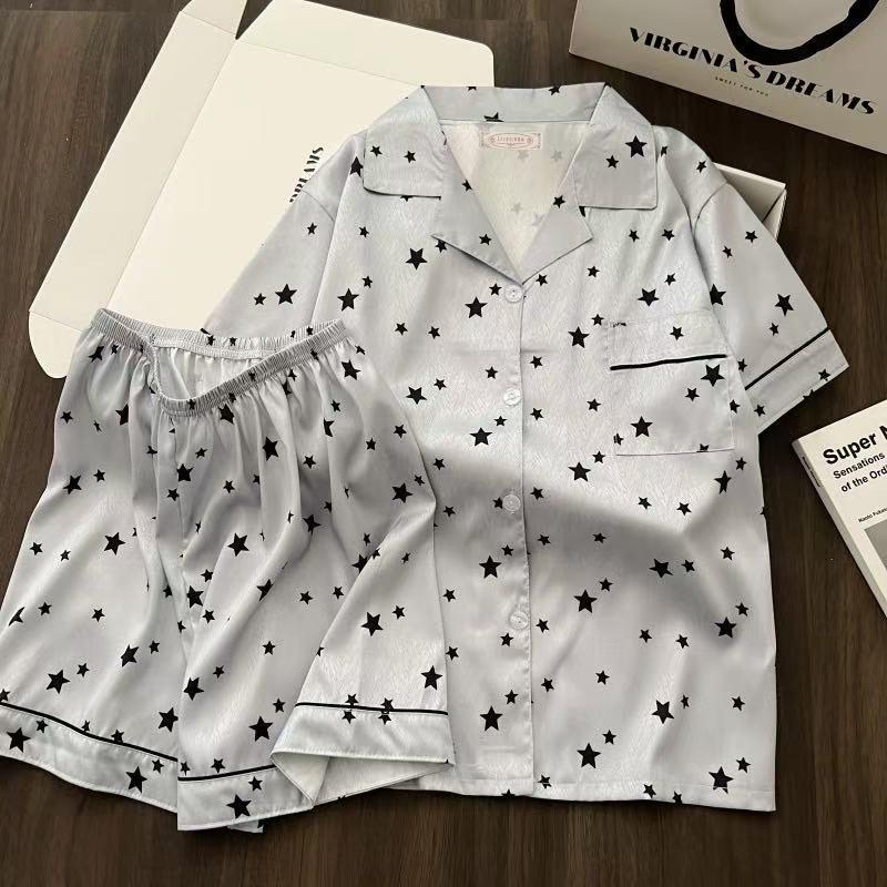 Damen 2024 Frühling/Sommer Eis-Seide Karierter Pyjama - Langärmeliges Zweiteiler-Set