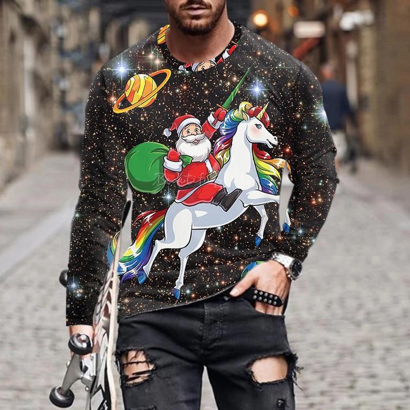Herren T-Shirts Weihnachten Herren Neu Rundhals Langarm Street Fashion 3D Gedrucktes Herren T-Shirt
