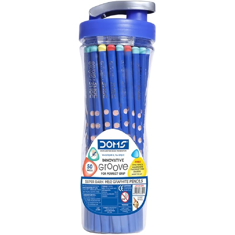 Doms Groove Super Dark Hb/2 Graphite Pencils Jar Pack | 50 Pcs Pencils | Innovative Groove For Perfect Grip | Ideal For Pack Of 1