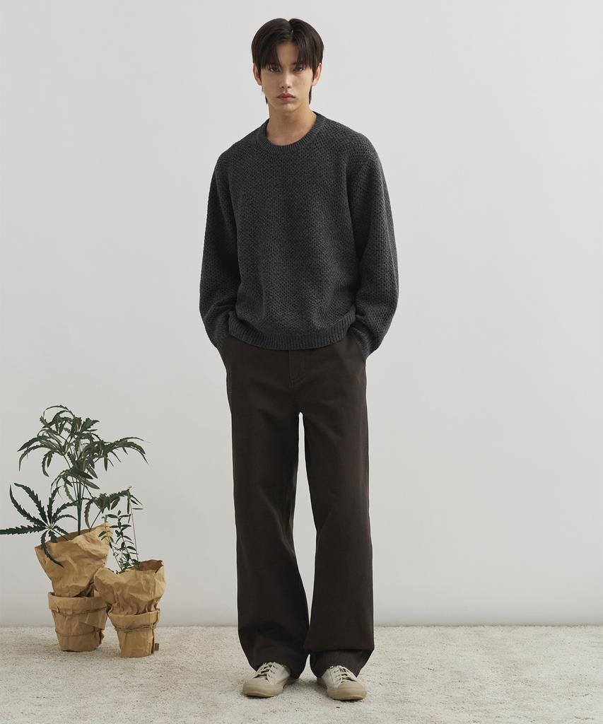 DRAW FIT Waffle Texture Round Pullover Knit [Charcoal]