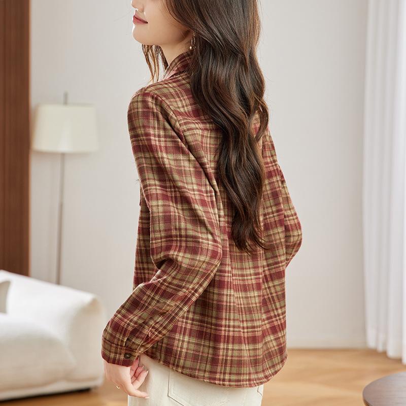 Classic Style Grinding Plaid Thick Blouse for Womens Spring Clothes Latest Versatile Lapel Long-sleeved Cardigan Blouse