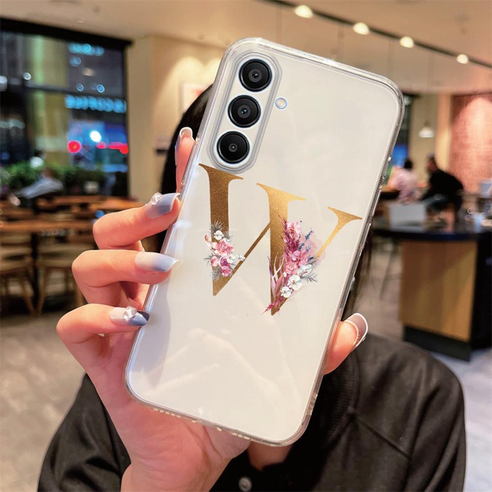 Transparent Phone Case Flowers Golden Rose Letters For Samsung Galaxy A55 A15 A25 A35 A07 A17 A06 A37 A57 Silicone Clear Cover