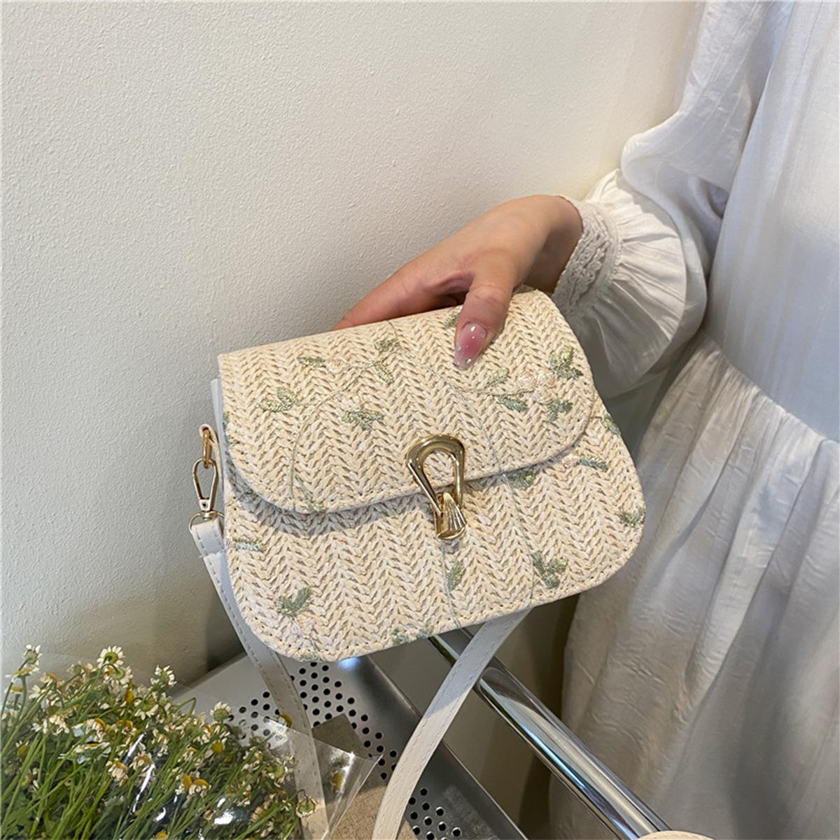 

Стильная соломенная сумка через плечо для женщин, легкая, плетеная, с вышитыми цветами, съемный ремень для пляжного отдыха, летних прогулок