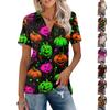 Women Casual V Neck Short Sleeve Halloween Print Polo Shirt Loose Fit Lightweight Top for Everyday Wear