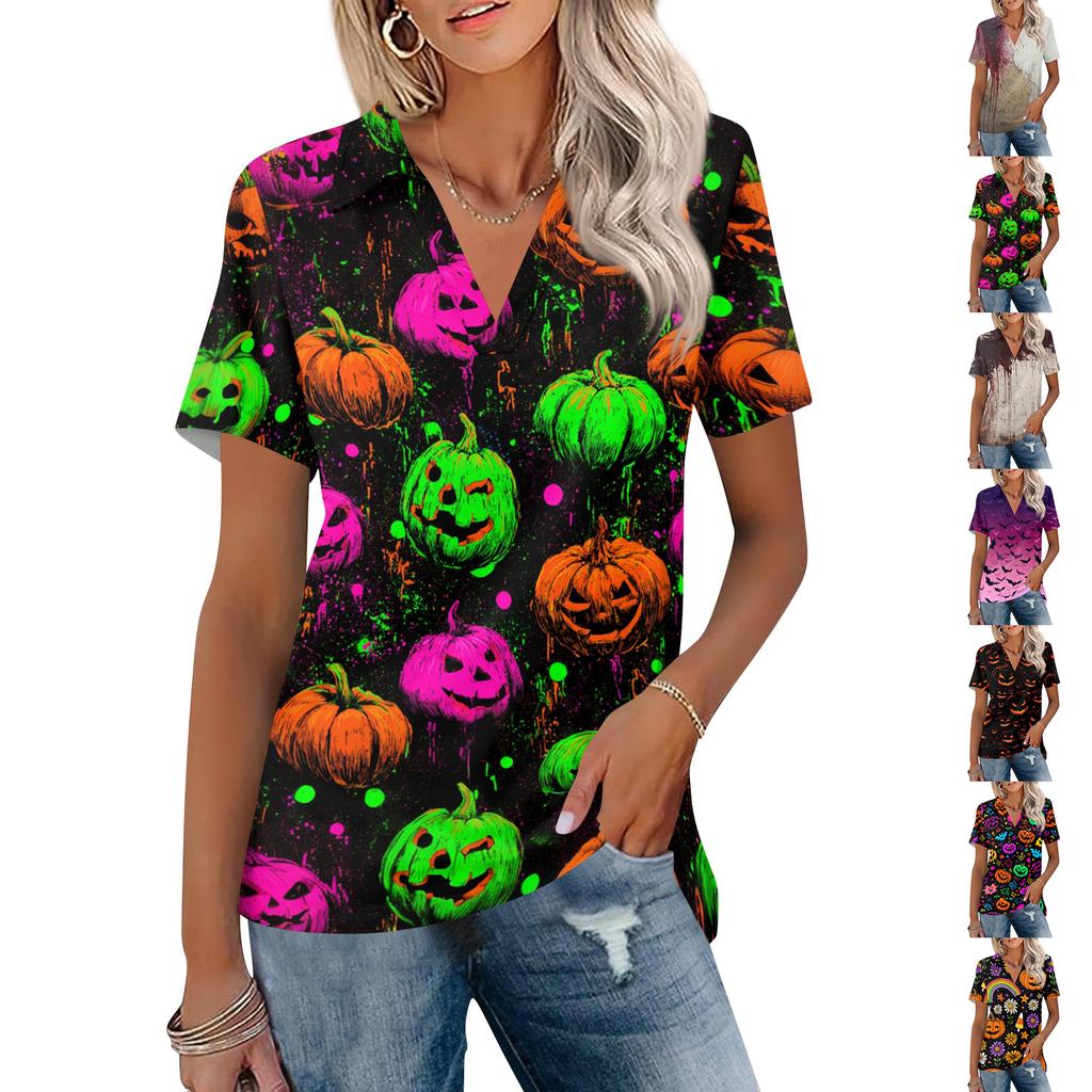 Women V Neck Short Sleeve Halloween Print Collared Top Casual Loose Fit Pattern Blouse for Daily Wear Office School