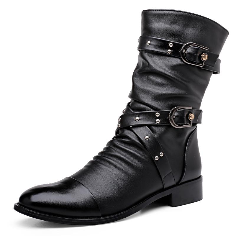 

Men s Trendy Mid-Calf High-Top Leather Boots - Spring & Autumn Pointed Toe, British & Korean Style, Plus Velvet Martin Design 42