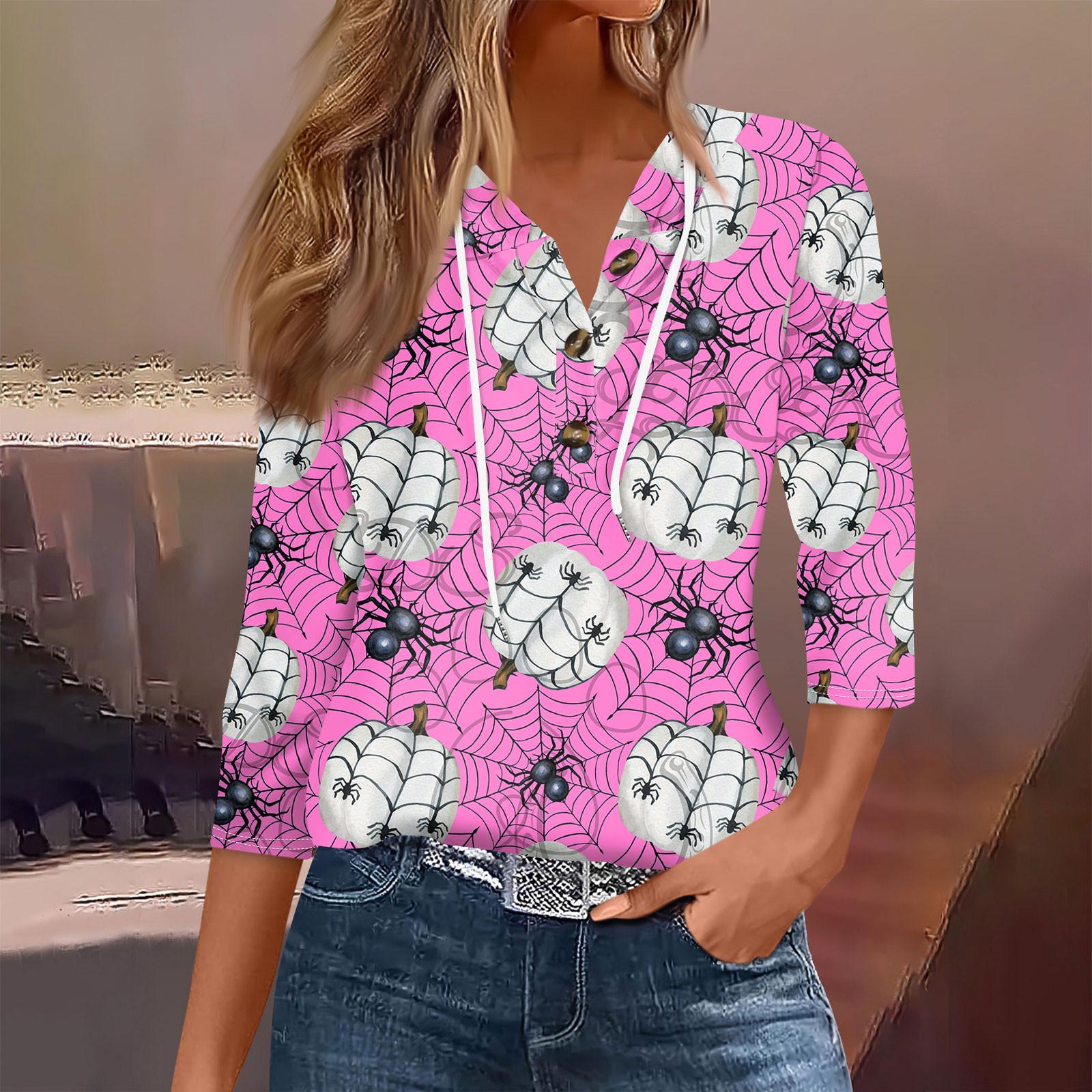 

Женская мода, повседневная футболка с капюшоном и принтом на Хэллоуин, семь рукавов, на пуговицах XL розовый