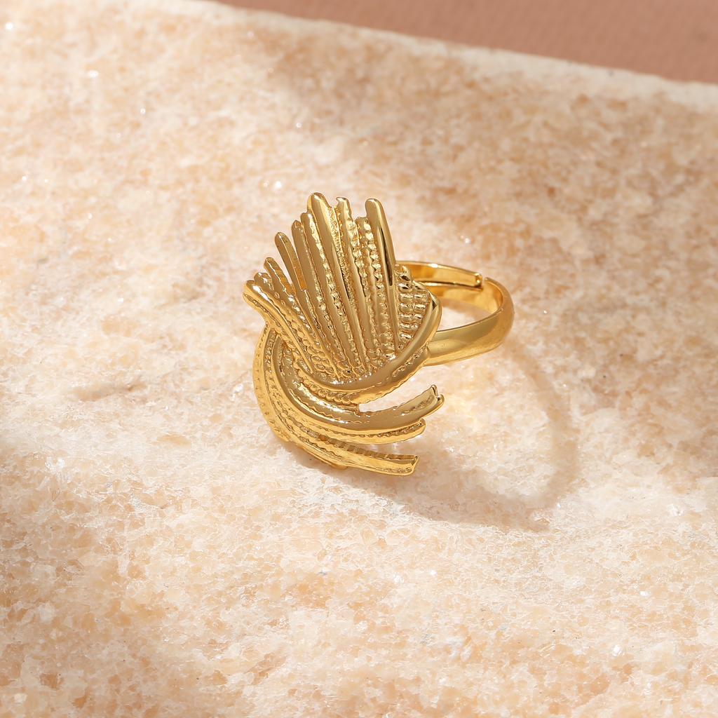 Golden Plated Abstract Feather Open Adjustable Ring for Women Modern Statement Jewelry Gift