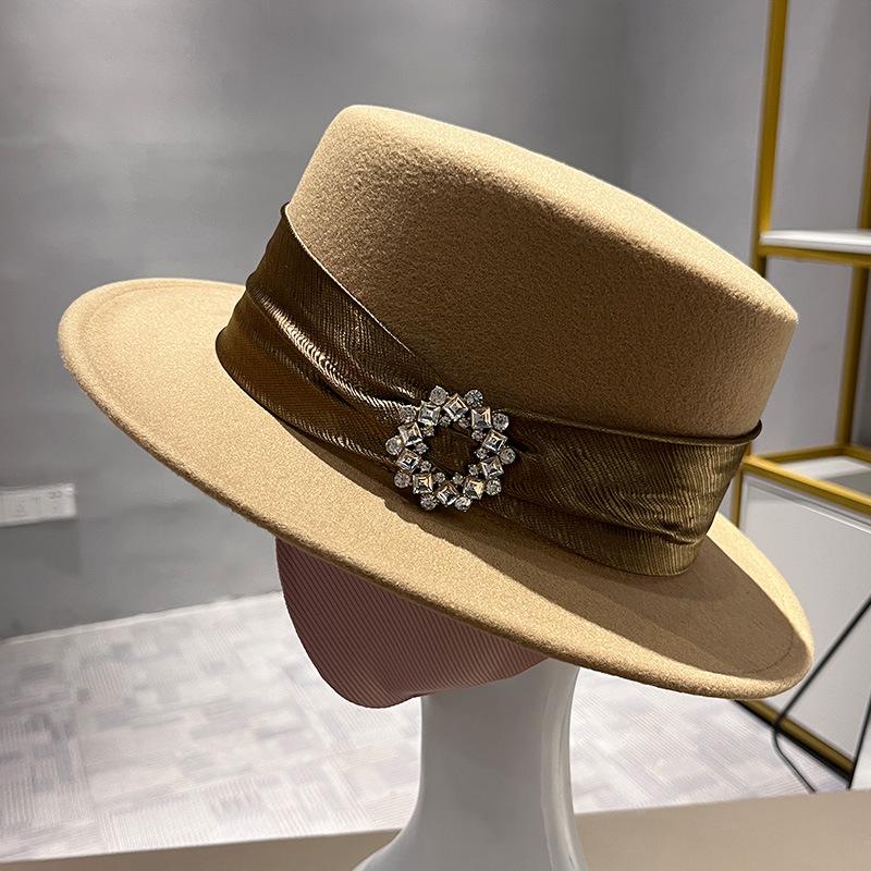 Fashion Temperament Light Luxury Flat Top Hat Women's Retro High-end Woolen Rhinestone Top Hat Jazz Hat