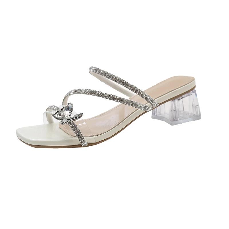 

New Woman Sneaker Slippers Women Slides Mules Casual Square Mid Heels Women Shoes Crystal Bling Slippers Plus Size 35 бежевий