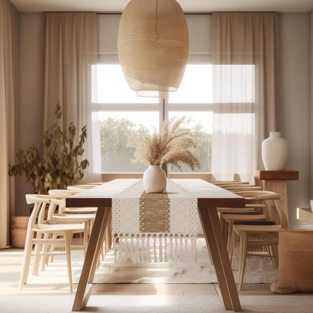 Boho Fall Table Runner Farmhouse Burlap Cotton Table Runner with Tassels Woven Macrame Home Living Room Table Decoration