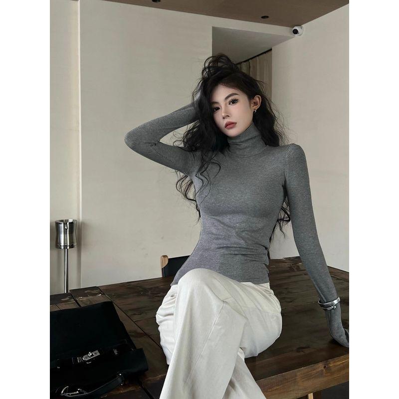 Black with High Collar Autumn and Winter Sexy Slim Fit Long-Sleeved T-shirt