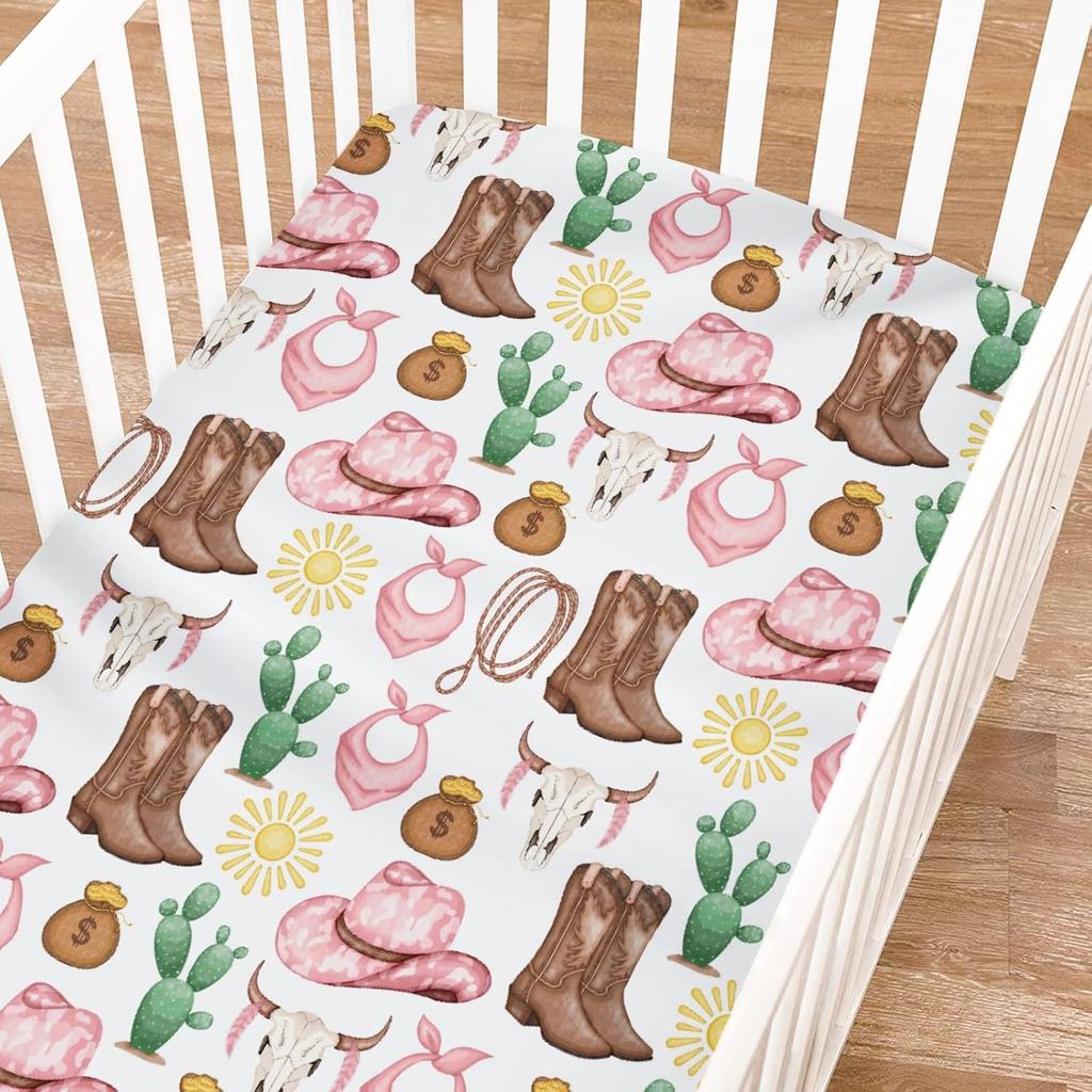 Pink Western Cowgirl Cowboy Fitted Baby Crib Sheet for Boy Girl 52"x28" Desert Cowboy Hat Boot Sun Cactus Soft Breathable Baby Crib Mattress Bed