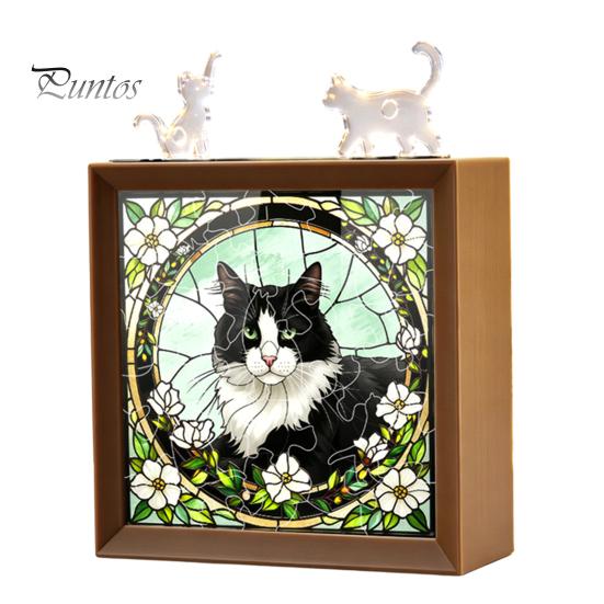 Wooden Photo Frame Base DIY Acrylic Cat Puzzles Night Light, Hand-Assembled Stained Glass Style Jigsaw Lamp with Personalized Handmade Presents Decor,