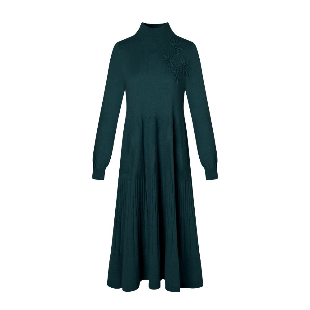 Mid-length Knitted Dress for Women Autumn and Winter Fashionable Embroidered Sweater Dress Solid Color Half Turtleneck Pullover