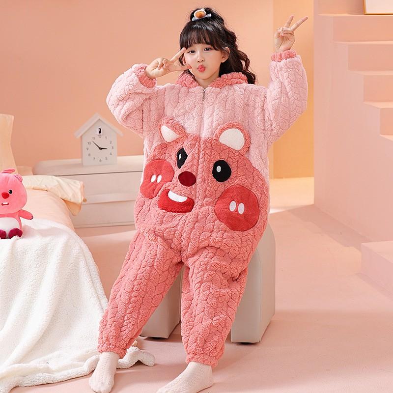 Girls Warm Coral Fleece Pajama Set With Feet Winter Sleepwear Toddlers 3-8 Years Soft Cozy One-Piece Sleepsuit