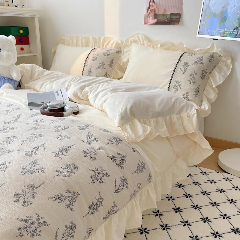 Pastoral Retro French Lace Skin-friendly Bubble Gauze Washed Cotton 4-Piece Bed Set - Su Jin Series