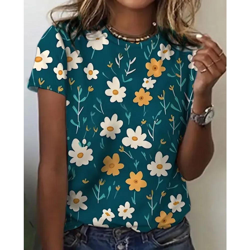Comfortable Simple Women's Flower Printed Top Casual Breathable Short Sleeve Fashionable Versatile T-Shirts Women’s