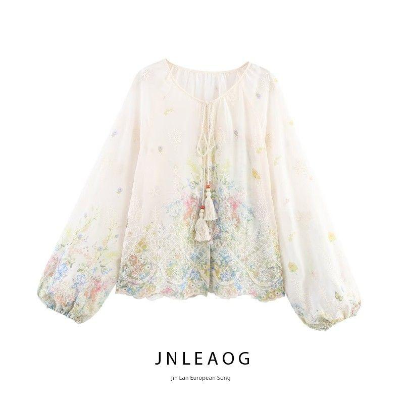 Jnleaog Spring New Arrival Women's Clothing Fashion Style French Fashion Design Lantern Sleeve Round Neck Single-Breasted Shirt