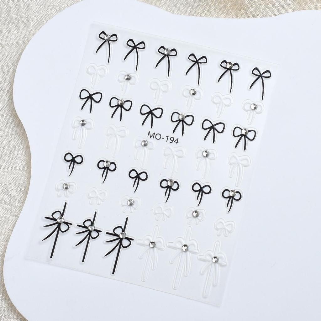 3D Crystal Bow Nail Stickers: Cute Black & White Self-Adhesive Embossed Decals
