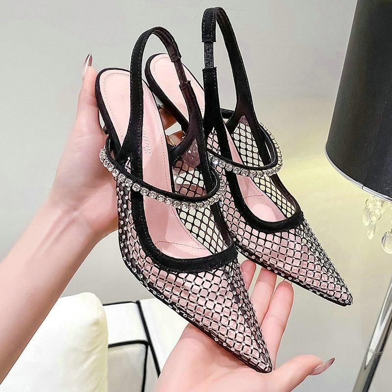 2025 Hollowed-Out Rhinestone High Heels Female Pointy Transparent After Empty Bun Sandals Thin Heel Shoes Female