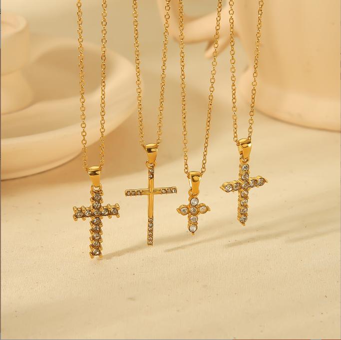 New 18K Gold Stainless Steel Cross Inlaid with Zircon Necklace, Personalized, Fashionable and High-end Pendant