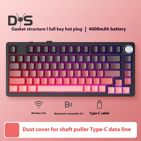 Teclado mecânico compatível com Bluetooth/2.4G/Tipo C com fio, três modos de conexão, troca a quente de teclas completas, 81 teclas