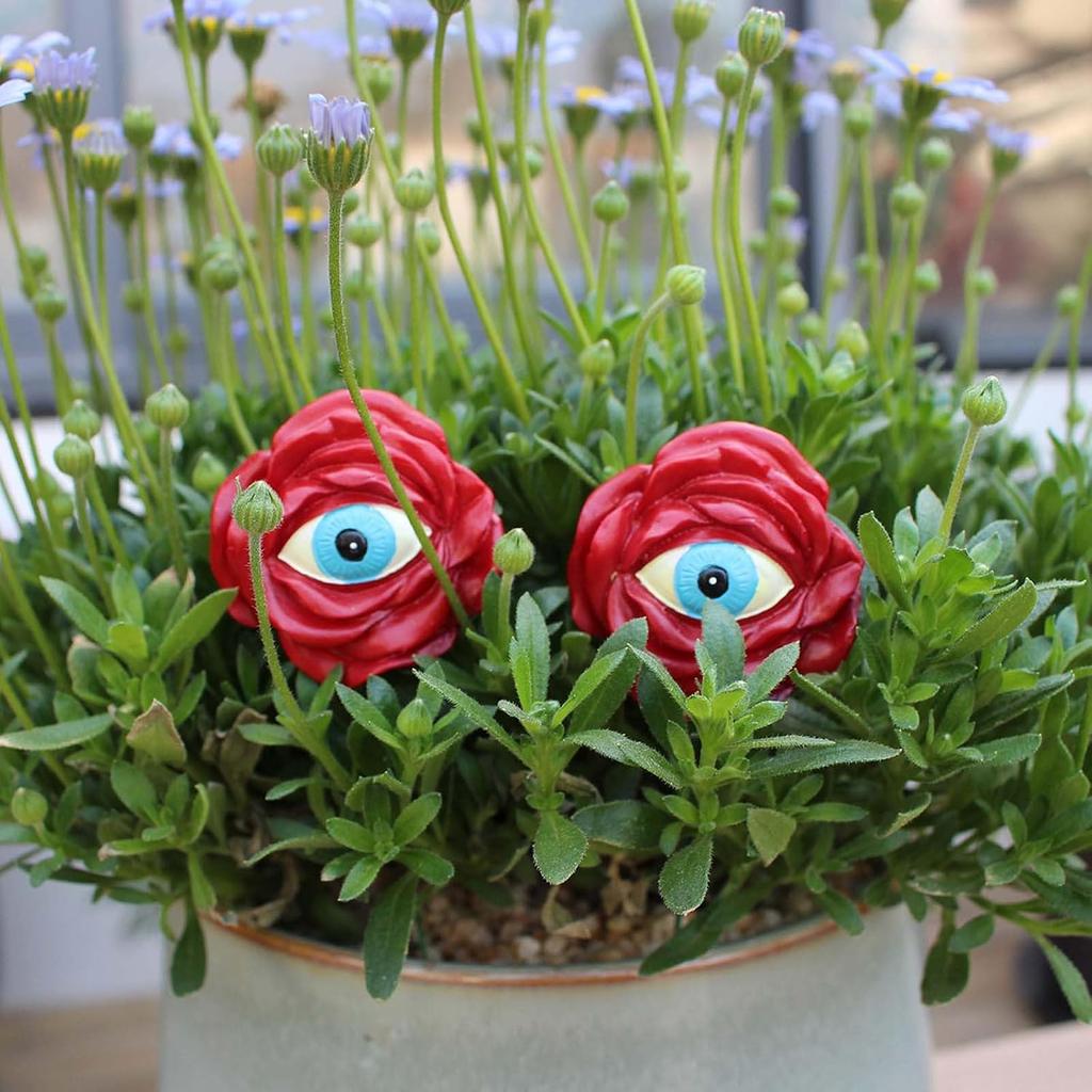 6PCS Resin Plant Eyes Stakes, Rose Sunflower Green Leaves Plant Eyes Garden Stakes Funny Floral Plant Pick Ornaments for Indoor,Outdoor Yard