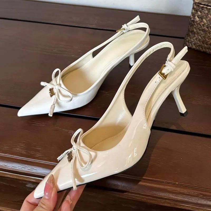 Fashion Fashion Bow Metal Buckle Design High Heels Women Sexy Pointed Toe Patent Leather Slingback Heeled Sandals Elegant Party Shoes